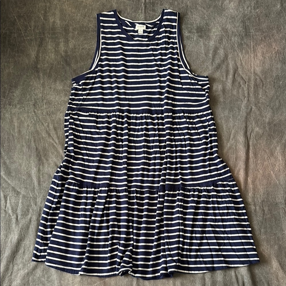 J. Crew tank sleeveless tiered flounce dress navy and white stripes size L